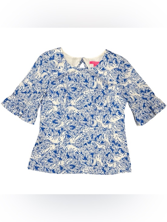 Lilly Pulitzer Tops - Lilly Pulitzer Lina Top Women 12 Blue White Foxed Up Print Ruffle Rare Preppy